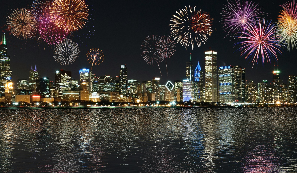 Night scene city with fireworks